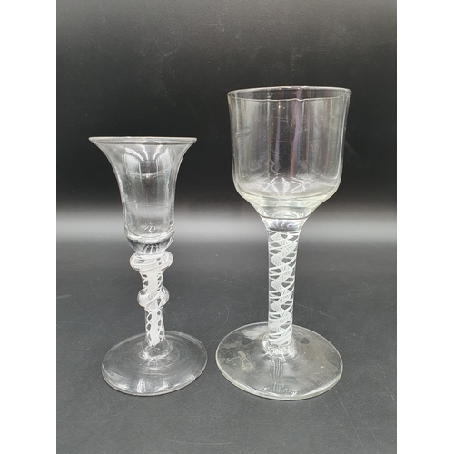 350 - A Georgian style Wine Glass with bell shape bowl on double knop stem with multi series opaque twist ... 