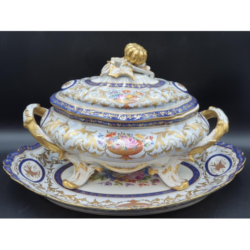 355 - An impressive Limoges two handled oval Tureen, Cover and Stand painted bowls of flowers, gilt birds ... 