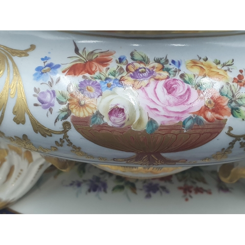 355 - An impressive Limoges two handled oval Tureen, Cover and Stand painted bowls of flowers, gilt birds ... 