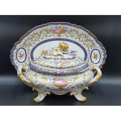 355 - An impressive Limoges two handled oval Tureen, Cover and Stand painted bowls of flowers, gilt birds ... 