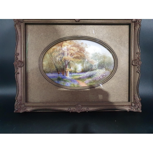 356 - A Royal Worcester Plaque having blue bells in a woodland scene, signed Rushton, framed with oval ape... 