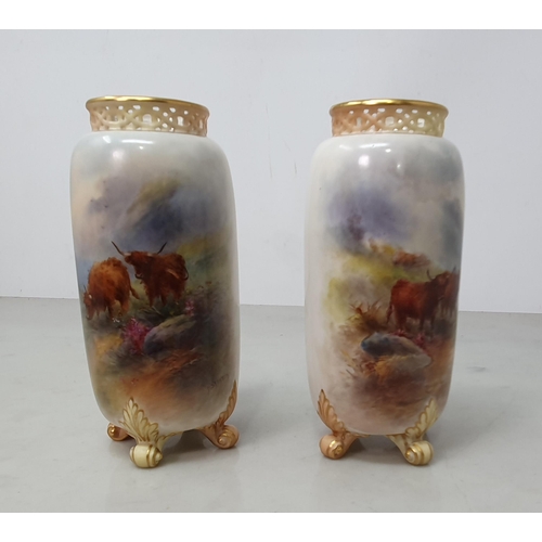 361 - A Pair of Royal Worcester Vases with pierced collars on four scroll feet, signed H Stinton, shape G4... 