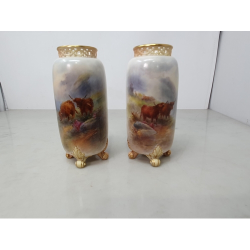 361 - A Pair of Royal Worcester Vases with pierced collars on four scroll feet, signed H Stinton, shape G4... 