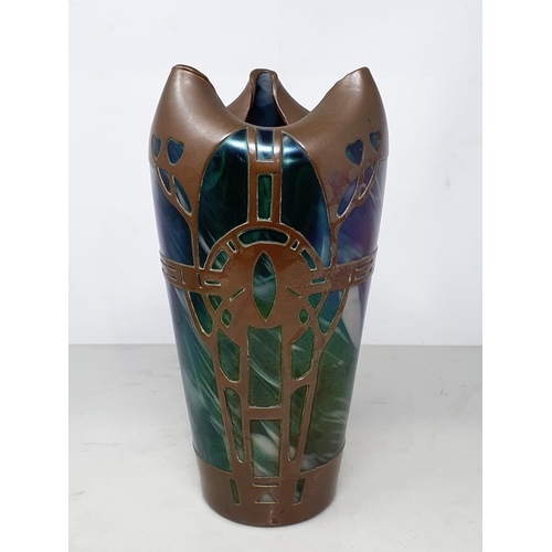 376 - An iridescent Art Nouveau glass Vase with copper overlay decoration, with folded triangular shaped r... 