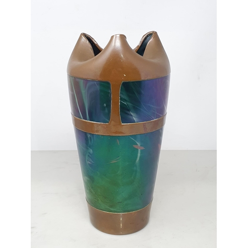 376 - An iridescent Art Nouveau glass Vase with copper overlay decoration, with folded triangular shaped r... 