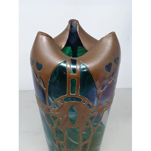 376 - An iridescent Art Nouveau glass Vase with copper overlay decoration, with folded triangular shaped r... 