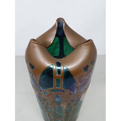 376 - An iridescent Art Nouveau glass Vase with copper overlay decoration, with folded triangular shaped r... 