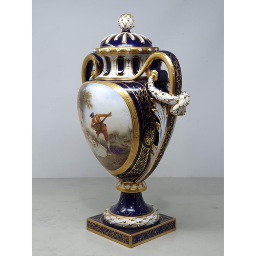 385 - A rare Royal Worcester Vase and cover painted reserve of two ladies seated in a landscape setting ha... 