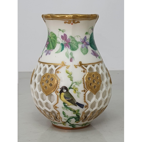 386 - A Kerr and Binns Worcester Jug with painted floral band with great tit on branch, double wall with g... 