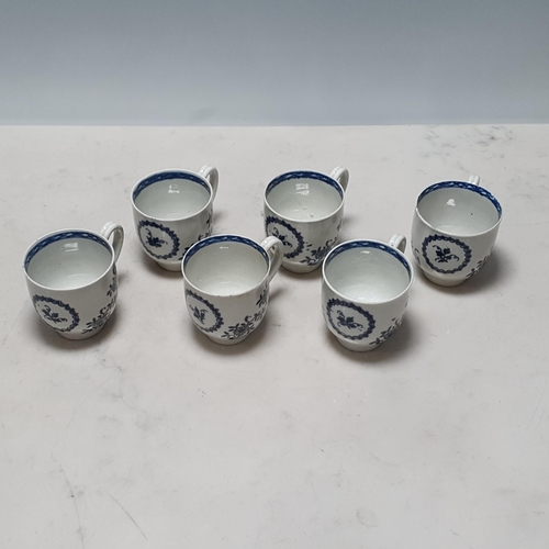 399 - Six Caughley blue and white Coffee Cups decorated floral sprays with ring of flowers and floral spri... 