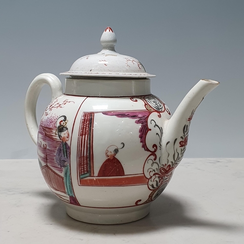 401 - Two Worcester globular Teapots, one painted chinoiserie figures in coloured enamels with items of fu... 