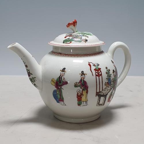 401 - Two Worcester globular Teapots, one painted chinoiserie figures in coloured enamels with items of fu... 