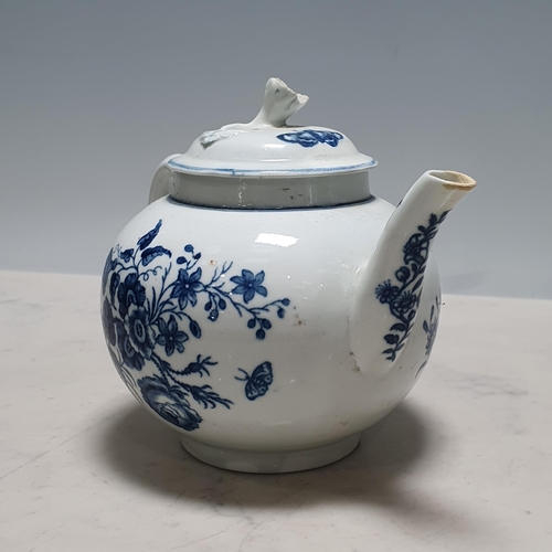 402 - A Worcester blue and white globular Teapot decorated floral sprays and butterflies, flower finial, s... 