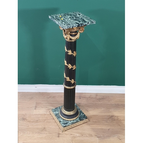 421 - A green marble Pedestal, the column with gilt metal capital and trailing foliage on square base, 3ft... 