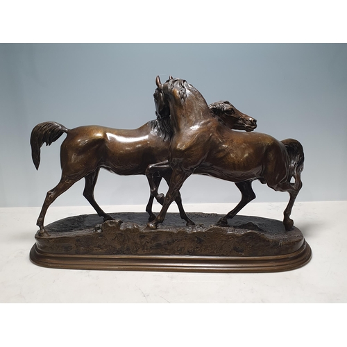 424 - A French bronze equestrian group L'Accolade, mare and stallion, cast from a model by Pierre Jules Me... 