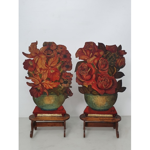 459 - A pair of 1950's Dummy Boards in the form of Flowering Bowls on shaped supports, signed and dated 