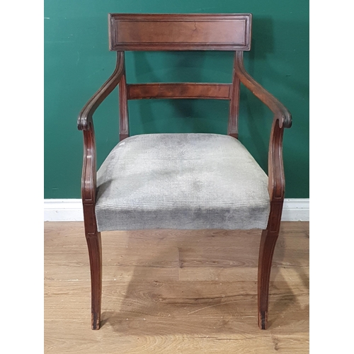 476 - A Regency mahogany Elbow Chair with curved top rail, scroll arms, blue upholstered stuff over seat o... 