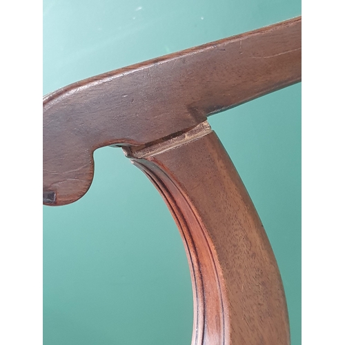 476 - A Regency mahogany Elbow Chair with curved top rail, scroll arms, blue upholstered stuff over seat o... 