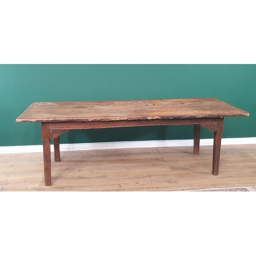 485 - An antique oak Farmhouse Table with thick two plank top on chamfered square legs, 2ft 9in x 8ft