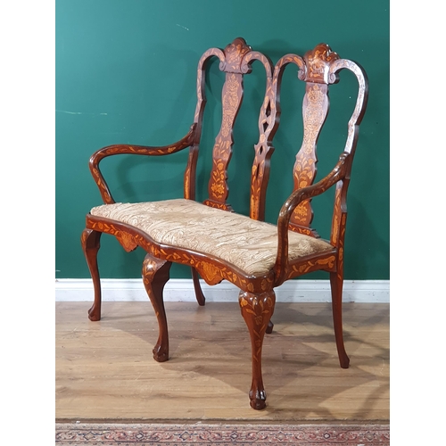 487 - An antique Dutch marquetry inlaid walnut Salon Settee with splat back raised on cabriole front suppo... 