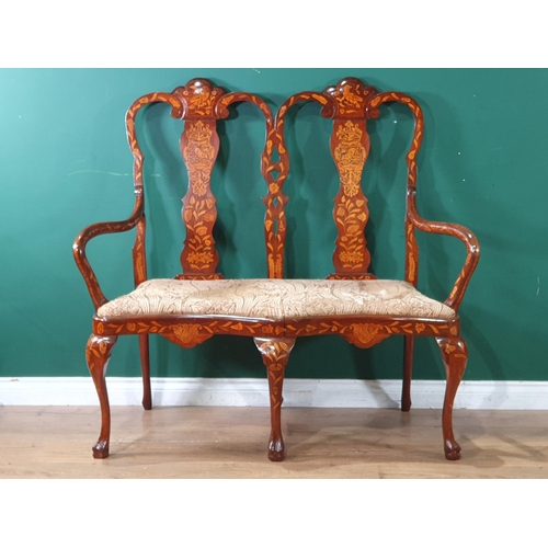 487 - An antique Dutch marquetry inlaid walnut Salon Settee with splat back raised on cabriole front suppo... 