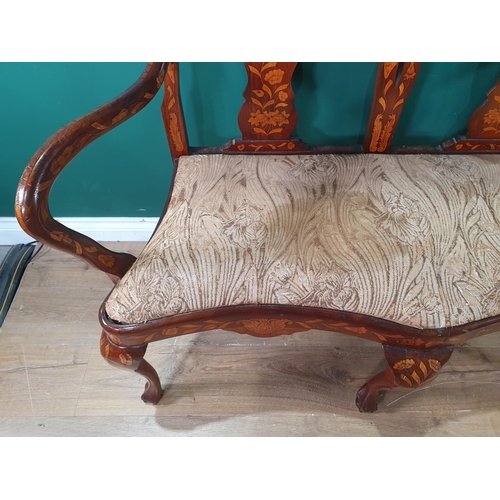 487 - An antique Dutch marquetry inlaid walnut Salon Settee with splat back raised on cabriole front suppo... 