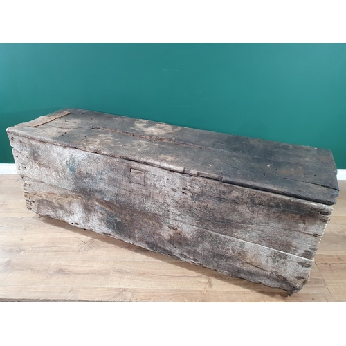 496 - An early oak and elm boarded Church Chest, with iron strap hinges, A/F. 2ft 3