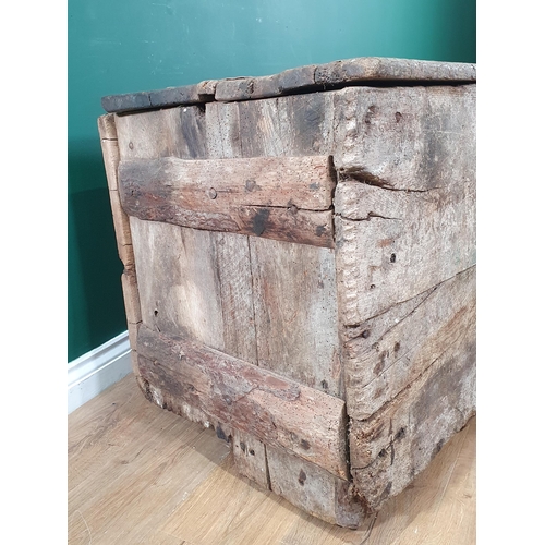 496 - An early oak and elm boarded Church Chest, with iron strap hinges, A/F. 2ft 3