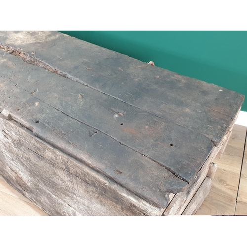 496 - An early oak and elm boarded Church Chest, with iron strap hinges, A/F. 2ft 3