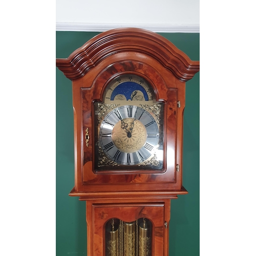 514 - A reproduction walnut Longcase Clock with arched moon phase brass dial, 8 day movement with quarter ... 