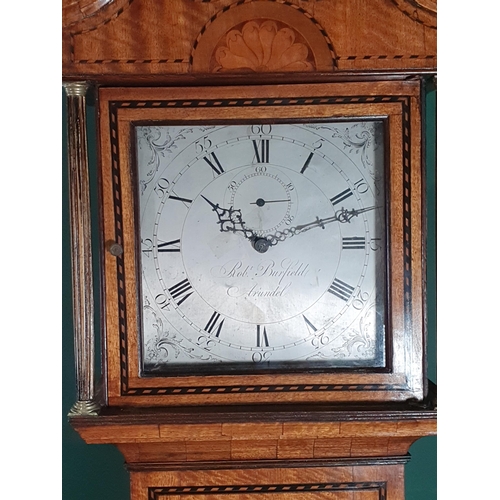 522 - A 19th Century mahogany and marquetry Longcase Clock with swan neck pediment above a square silvered... 