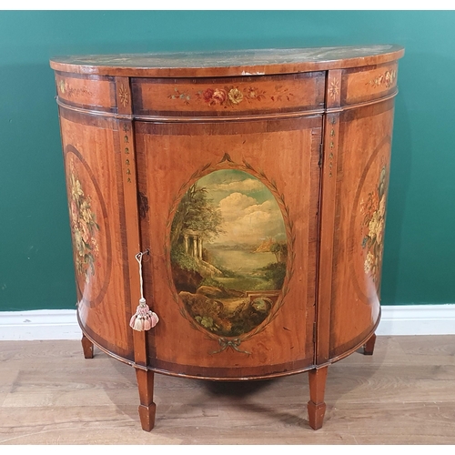 587 - A late 19th Century rosewood and floral painted demi-lune Side Cabinet, the single door painted clas... 