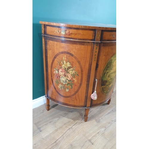 587 - A late 19th Century rosewood and floral painted demi-lune Side Cabinet, the single door painted clas... 