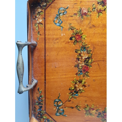 598 - An Edwardian octagonal satinwood two handled Tray painted garlands of flowers and central fan, 1ft 8... 