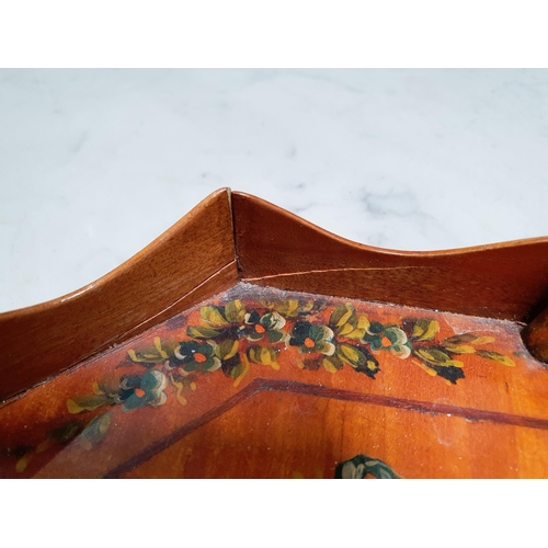 598 - An Edwardian octagonal satinwood two handled Tray painted garlands of flowers and central fan, 1ft 8... 