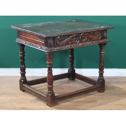 602 - A 17th Century and later oak Side Table with cleated two plank top above single drawer carved with s... 