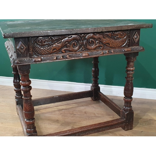 602 - A 17th Century and later oak Side Table with cleated two plank top above single drawer carved with s... 