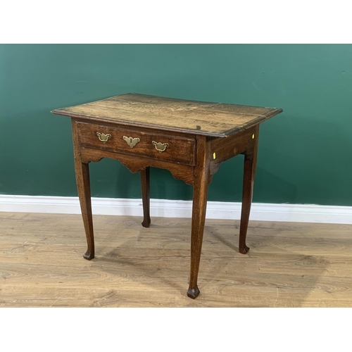 604 - An 18th Century oak Side Table fitted single crossbanded drawer on squared supports, 2ft 9in W x 2ft... 