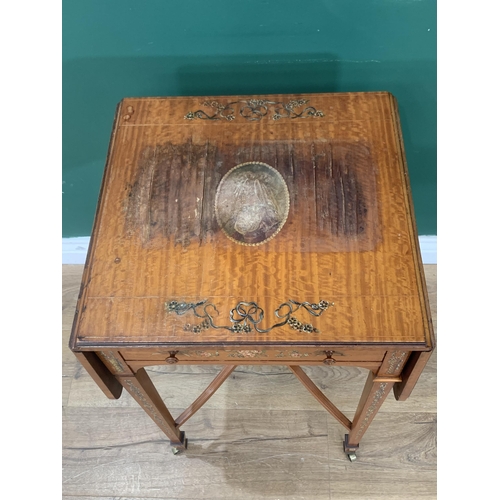 633 - A 19th Century satinwood Occasional Table with drop leaves and painted ribbons and flowers, fitted f... 