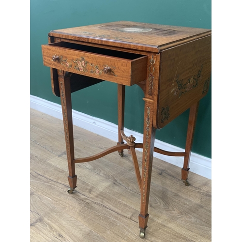 633 - A 19th Century satinwood Occasional Table with drop leaves and painted ribbons and flowers, fitted f... 