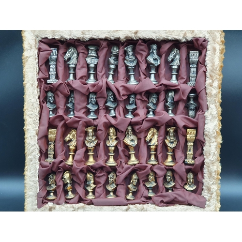 640 - A 1960's Craftsman made Chess Set with white and gilt metal Shakespearian type figures, in plush cov... 