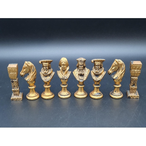 640 - A 1960's Craftsman made Chess Set with white and gilt metal Shakespearian type figures, in plush cov... 