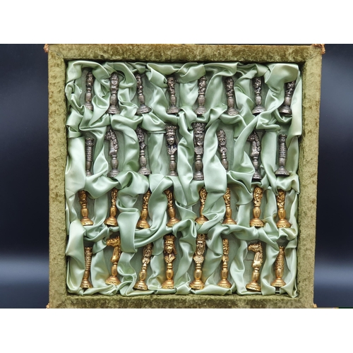 641 - A 1960's Craftsman made Chess Set with white and gilt metal Shakespearian type figures, in plush cov... 