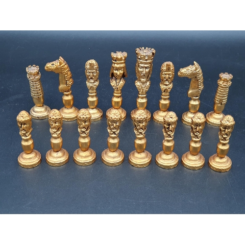 641 - A 1960's Craftsman made Chess Set with white and gilt metal Shakespearian type figures, in plush cov... 