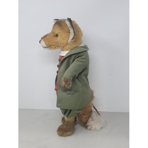 647 - A Steiff Fox in green Jacket, Pantaloons and red Waistcoat with button in ear 14 1/2in H