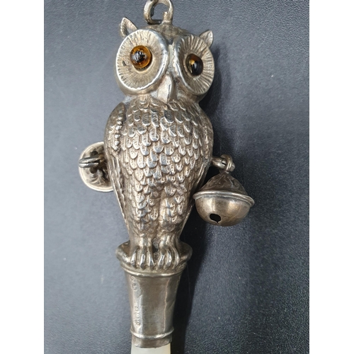 68 - A George V silver owl Rattle with two bells and mother of pearl teether, Birmingham 1913, maker: C &... 