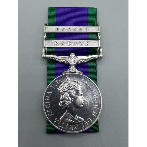 688 - Campaign Service Medal with 'Radfan' and 'Borneo' Clasps engraved to 23834513 Pte. G.W.N. McRoberts,... 