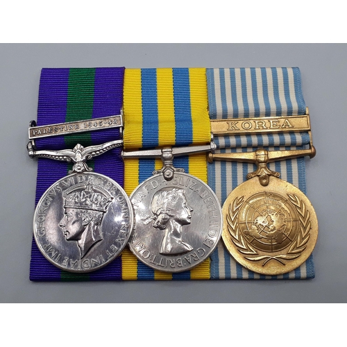 692 - Three; General Service Medal with 'Palestine 1945-48' Clasp, Queen's Korea Medal and UN Korea Medal ... 