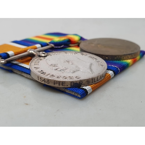 721 - Three; WWI, British War Medal, Victory Medal and Death Plaque engraved to 1543 Pte. David Rob Millar... 