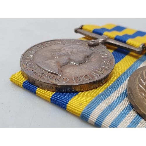 732 - Two; Queen's Korea Medal and UN Korea Medal engraved to 22308461 Pte. J.C.K. Robinson, Argyll & Suth... 